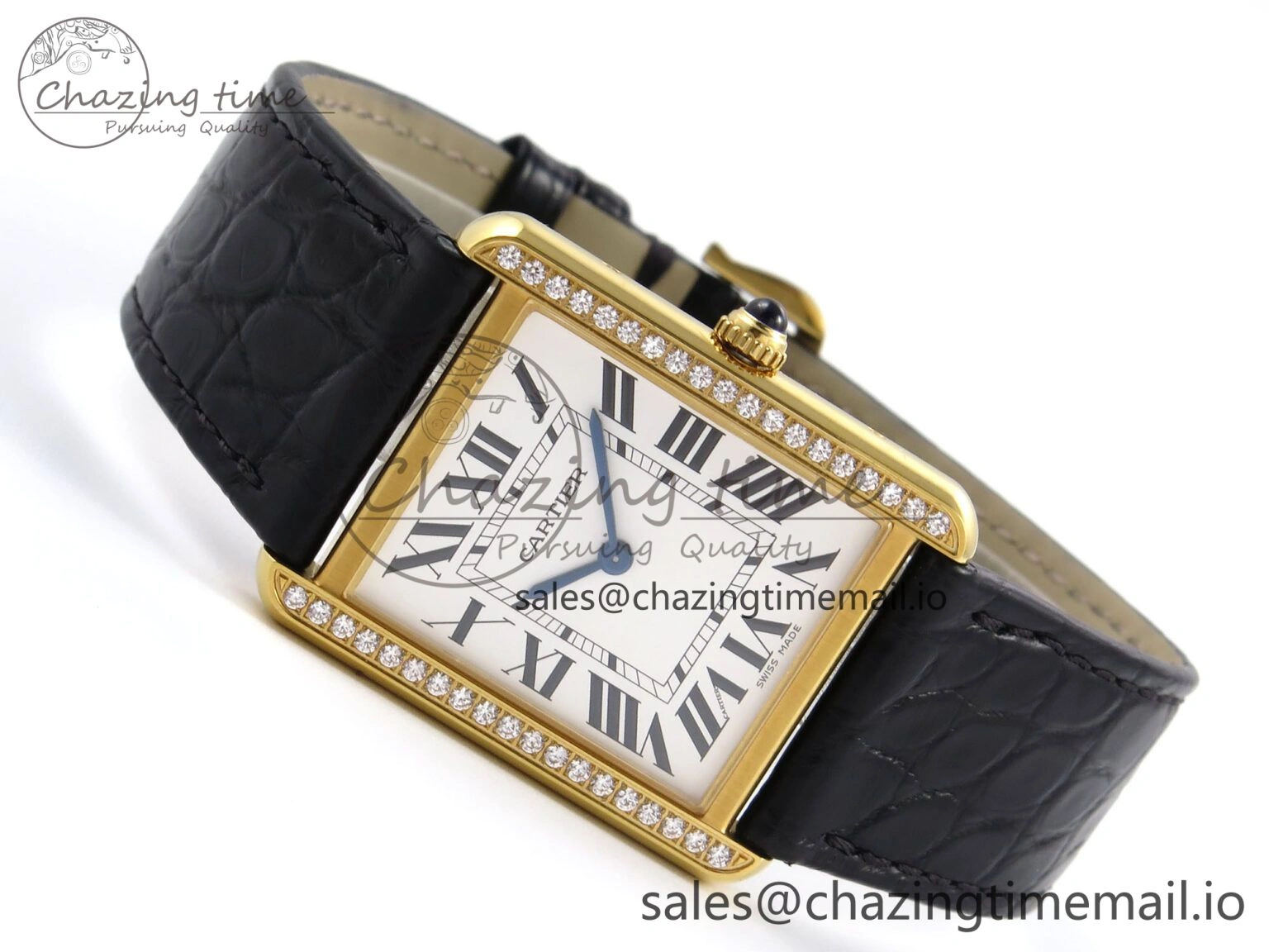 Tank Solo YG AF 1:1 Best Edition White Dial Diamonds Bezel on Black Leather Strap Ronda Quartz Breathable 5864