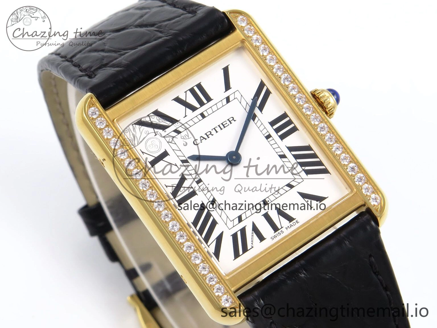 Tank Solo YG AF 1:1 Best Edition White Dial Diamonds Bezel on Black Leather Strap Ronda Quartz Breathable 5864