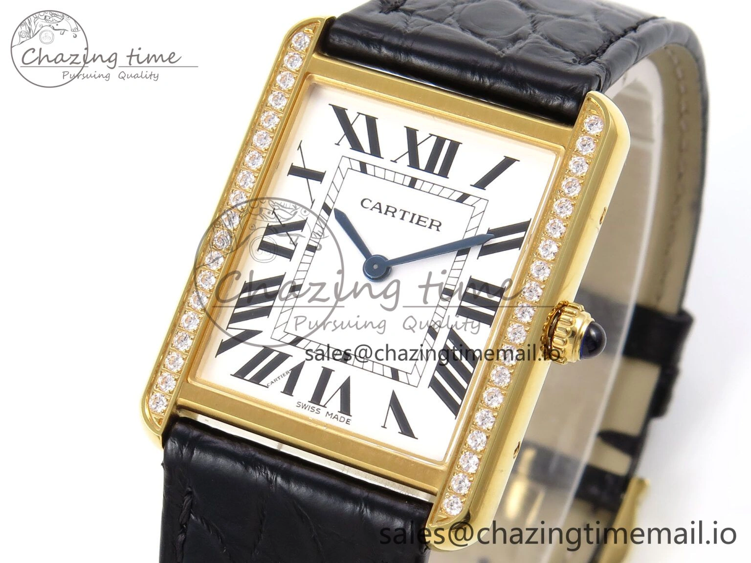 Tank Solo YG AF 1:1 Best Edition White Dial Diamonds Bezel on Black Leather Strap Ronda Quartz Breathable 5864