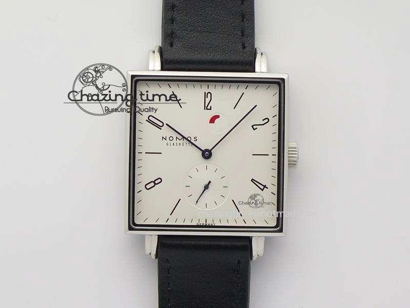 Tetra SS White Dial Blue Hands On Black Leather Strap A RelaxedFit 7641