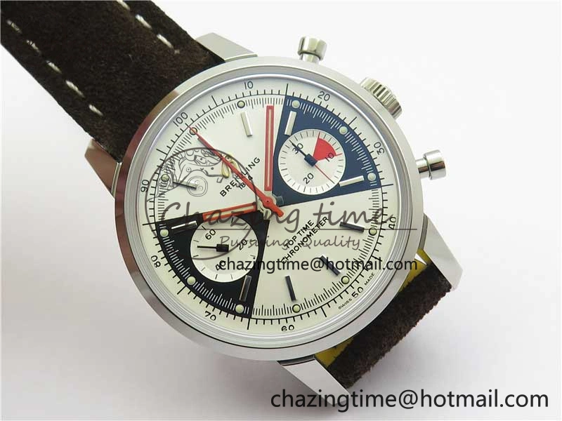 Top Time Chrono SS GF 1:1 Best Edition White Dial on Brown Leather Strap A MultiPurpose 5558