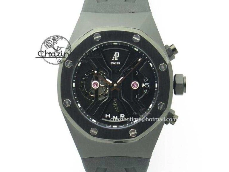 Tourbillon Concept GMT PVD Black Dial On Black Rubber Strap Japan Quartz Seasonal 5103