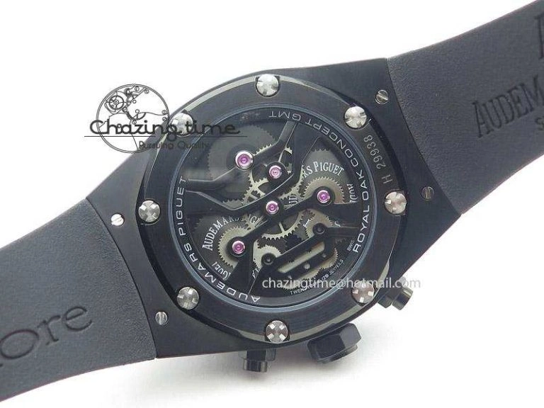 Tourbillon Concept GMT PVD Black Dial On Black Rubber Strap Japan Quartz Seasonal 5103