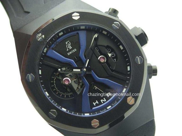 Resilient Tourbillon Concept GMT PVD Black Blue Dial On Black Rubber Strap Japan Quartz 5101