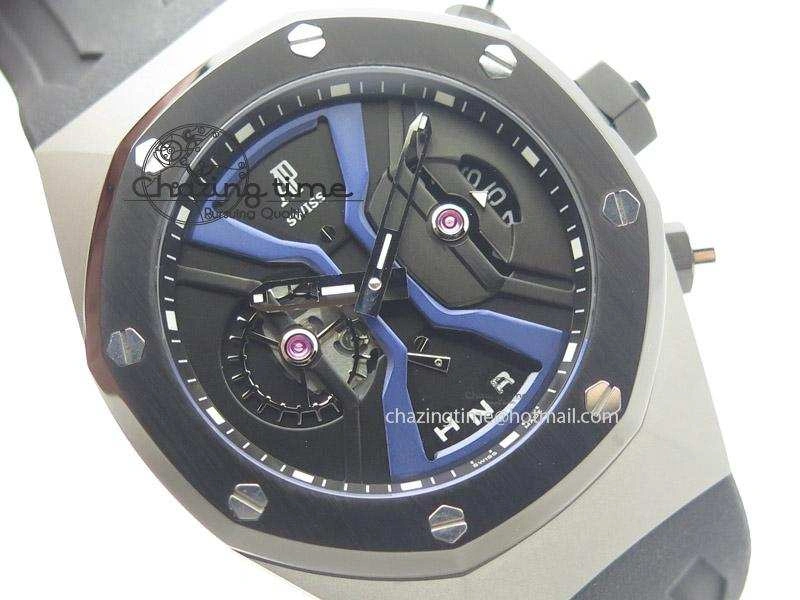 ZeroBulk Tourbillon Concept GMT SS Black Blue Dial On Black Rubber Strap Japan Quartz 5100
