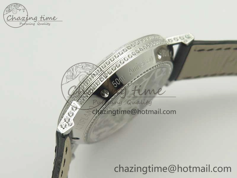 Tradition SS BBR Best Edition Diamond Paved Skeleton Dial on Black Leather Strap A23J DailyWear 9115