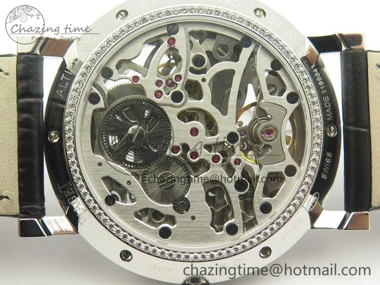 Tradition SS BBR Best Edition Diamond Paved Skeleton Dial on Black Leather Strap A23J DailyWear 9115