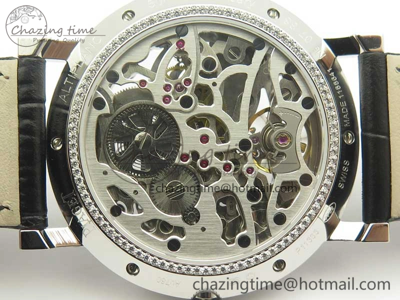 Tradition SS BBR Best Edition Diamond Paved Skeleton Dial on Black Leather Strap A23J DailyWear 9115