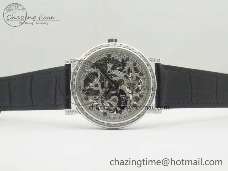 Tradition SS BBR Best Edition Diamond Paved Skeleton Dial on Black Leather Strap A23J DailyWear 9115