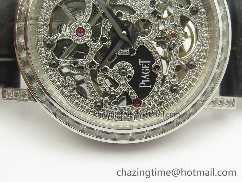 Tradition SS BBR Best Edition Diamond Paved Skeleton Dial on Black Leather Strap A23J DailyWear 9115
