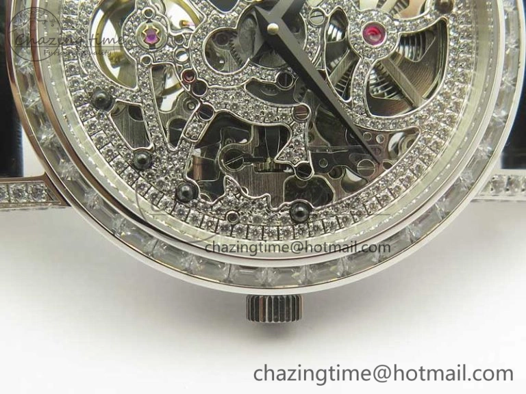 Tradition SS BBR Best Edition Diamond Paved Skeleton Dial on Black Leather Strap A23J DailyWear 9115
