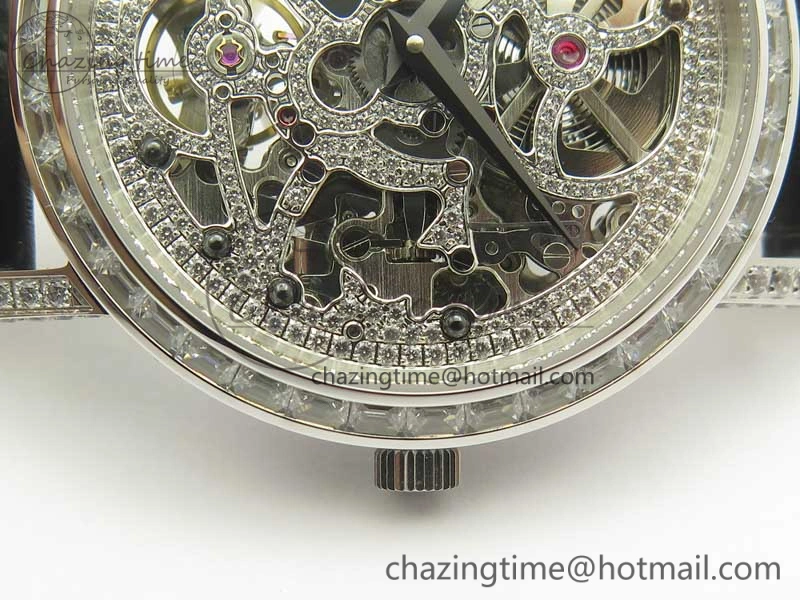 Tradition SS BBR Best Edition Diamond Paved Skeleton Dial on Black Leather Strap A23J DailyWear 9115