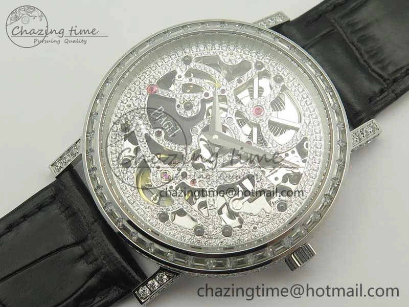 Tradition SS BBR Best Edition Diamond Paved Skeleton Dial on Black Leather Strap A23J DailyWear 9115