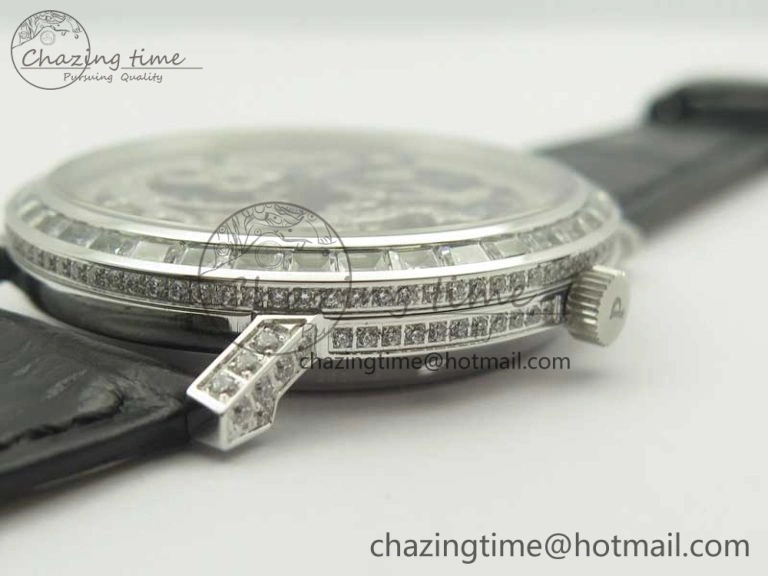 Tradition SS BBR Best Edition Diamond Paved Skeleton Dial on Black Leather Strap A23J DailyWear 9115