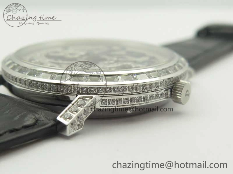 Tradition SS BBR Best Edition Diamond Paved Skeleton Dial on Black Leather Strap A23J DailyWear 9115