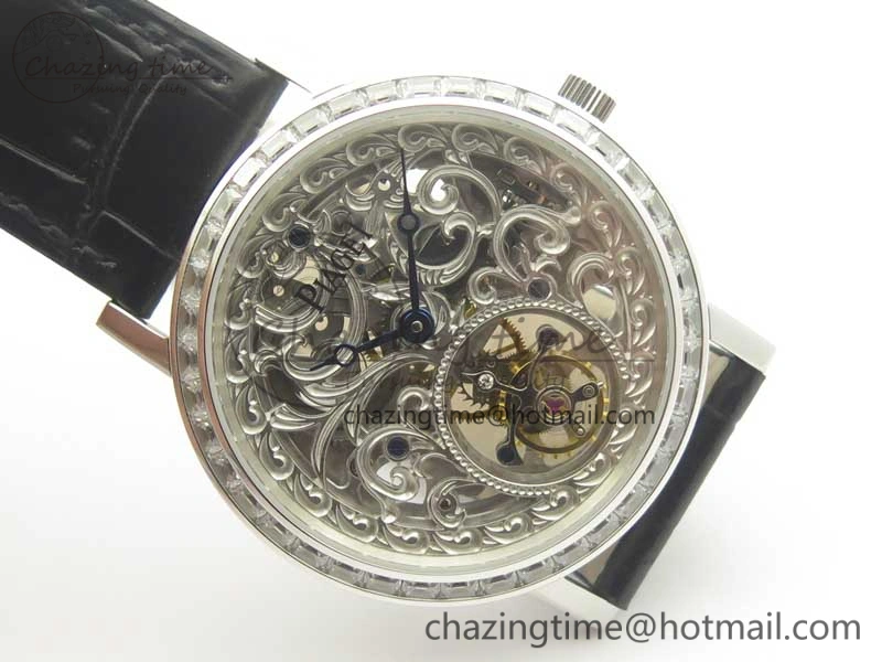 ModernLook Tradition Tourbillon SS BBR Best Edition Full Diamond Paved Skeleton Dial on Black Leather Strap 9119