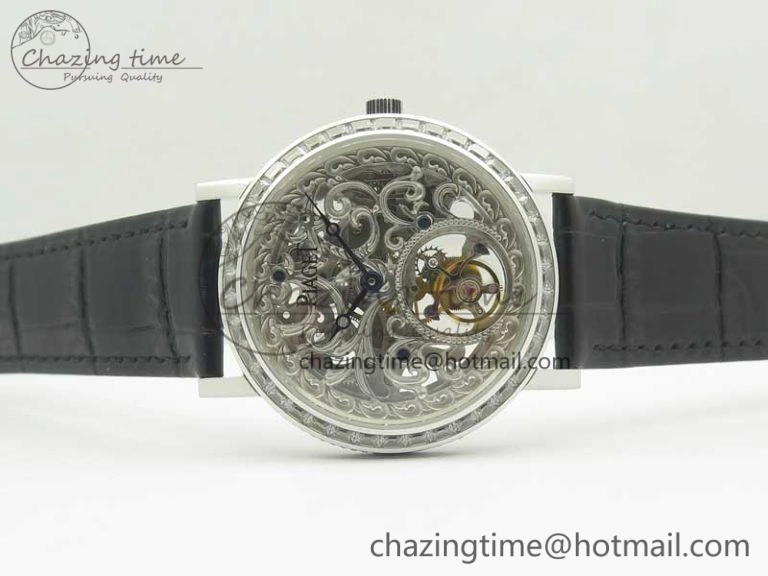ModernLook Tradition Tourbillon SS BBR Best Edition Full Diamond Paved Skeleton Dial on Black Leather Strap 9119