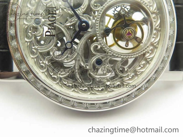 ModernLook Tradition Tourbillon SS BBR Best Edition Full Diamond Paved Skeleton Dial on Black Leather Strap 9119
