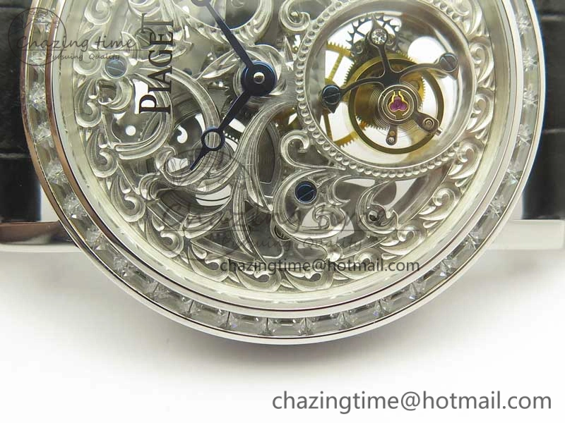 ModernLook Tradition Tourbillon SS BBR Best Edition Full Diamond Paved Skeleton Dial on Black Leather Strap 9119