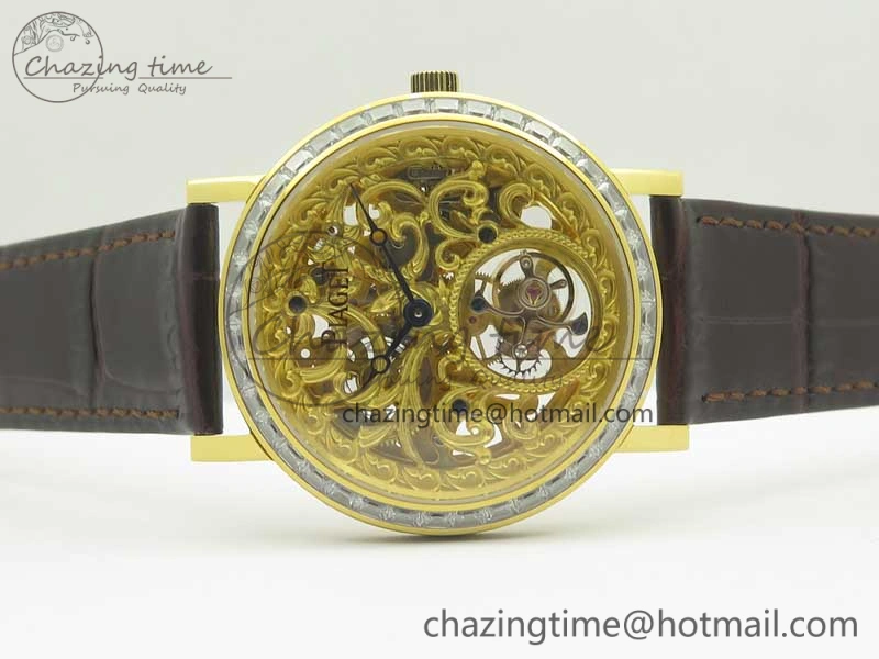 Tradition Tourbillon YG BBR Best Edition Full Diamond Paved Skeleton Dial on Brown Leather Strap Vibrant 9118