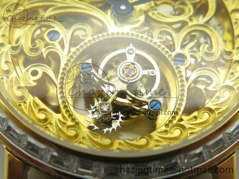 Tradition Tourbillon YG BBR Best Edition Full Diamond Paved Skeleton Dial on Brown Leather Strap Vibrant 9118