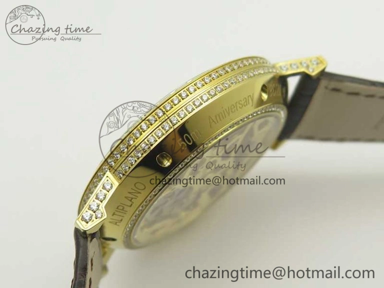 Attractive Tradition YG BBR Best Edition Diamond Paved Skeleton Dial on Brown Leather Strap A23J 9116