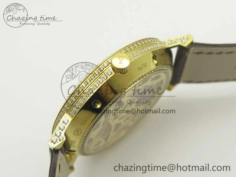 Attractive Tradition YG BBR Best Edition Diamond Paved Skeleton Dial on Brown Leather Strap A23J 9116