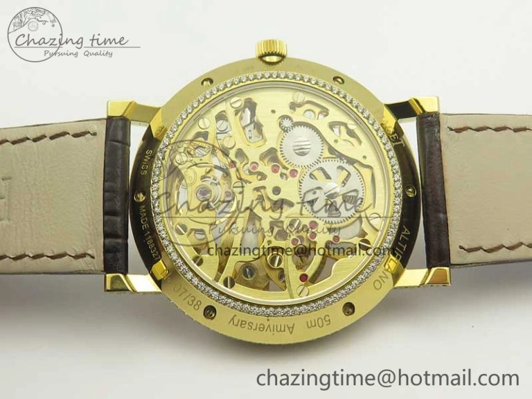 Attractive Tradition YG BBR Best Edition Diamond Paved Skeleton Dial on Brown Leather Strap A23J 9116