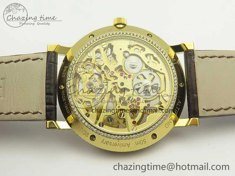 Attractive Tradition YG BBR Best Edition Diamond Paved Skeleton Dial on Brown Leather Strap A23J 9116