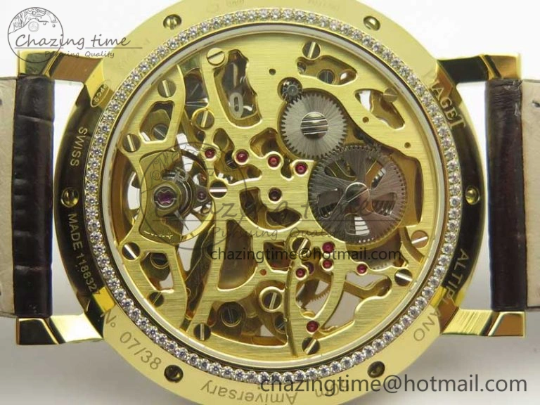 Attractive Tradition YG BBR Best Edition Diamond Paved Skeleton Dial on Brown Leather Strap A23J 9116