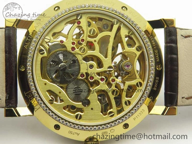 Attractive Tradition YG BBR Best Edition Diamond Paved Skeleton Dial on Brown Leather Strap A23J 9116
