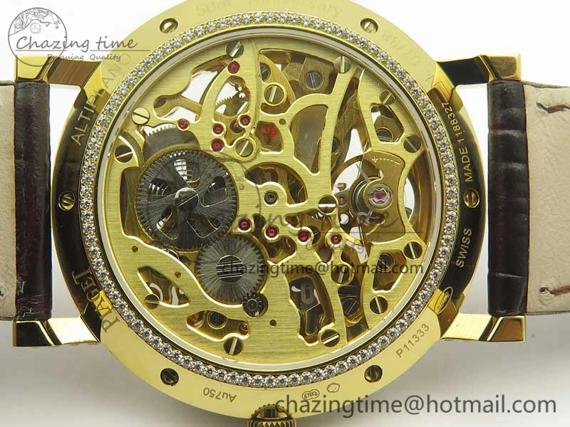 Attractive Tradition YG BBR Best Edition Diamond Paved Skeleton Dial on Brown Leather Strap A23J 9116