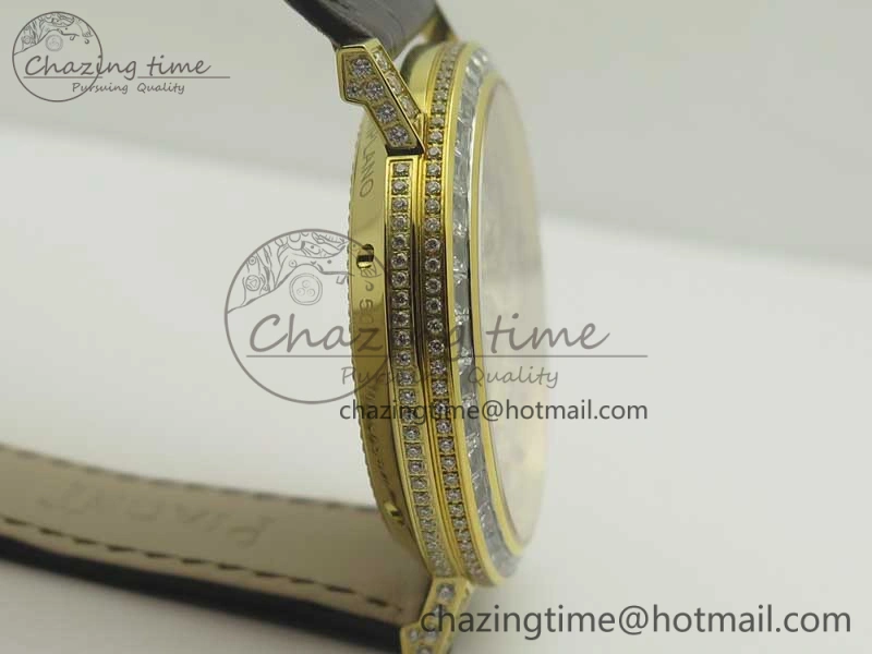 Attractive Tradition YG BBR Best Edition Diamond Paved Skeleton Dial on Brown Leather Strap A23J 9116