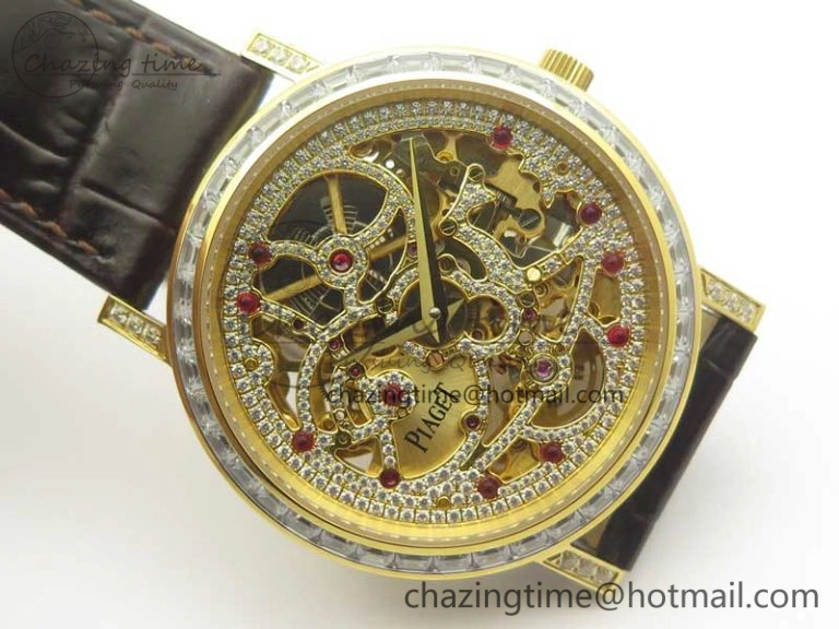 Attractive Tradition YG BBR Best Edition Diamond Paved Skeleton Dial on Brown Leather Strap A23J 9116