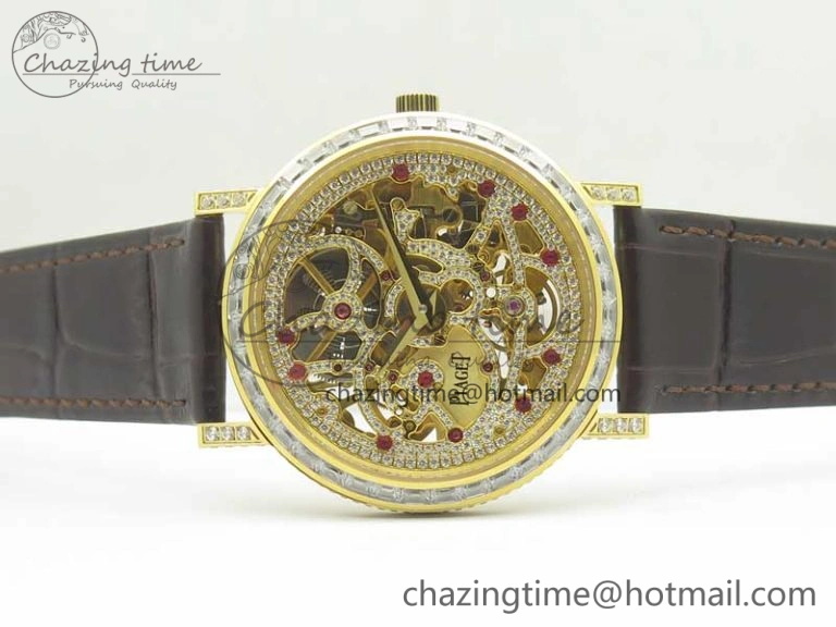 Attractive Tradition YG BBR Best Edition Diamond Paved Skeleton Dial on Brown Leather Strap A23J 9116