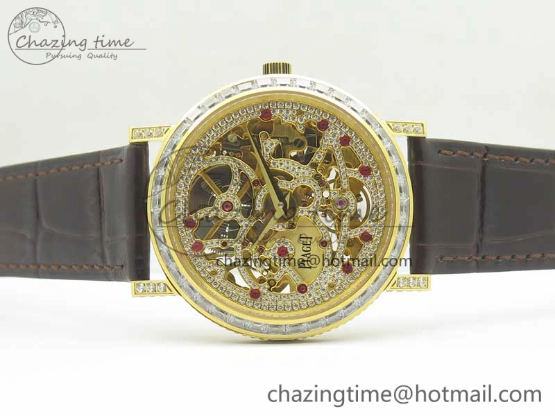 Attractive Tradition YG BBR Best Edition Diamond Paved Skeleton Dial on Brown Leather Strap A23J 9116