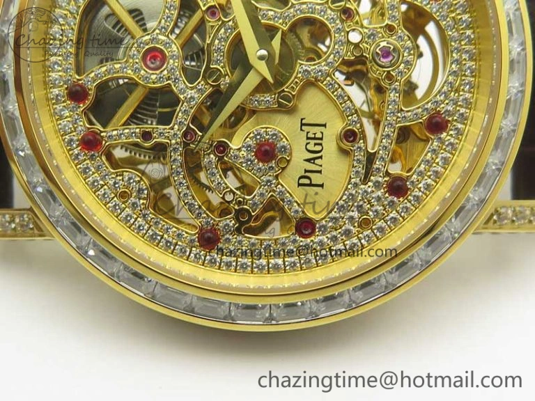 Attractive Tradition YG BBR Best Edition Diamond Paved Skeleton Dial on Brown Leather Strap A23J 9116