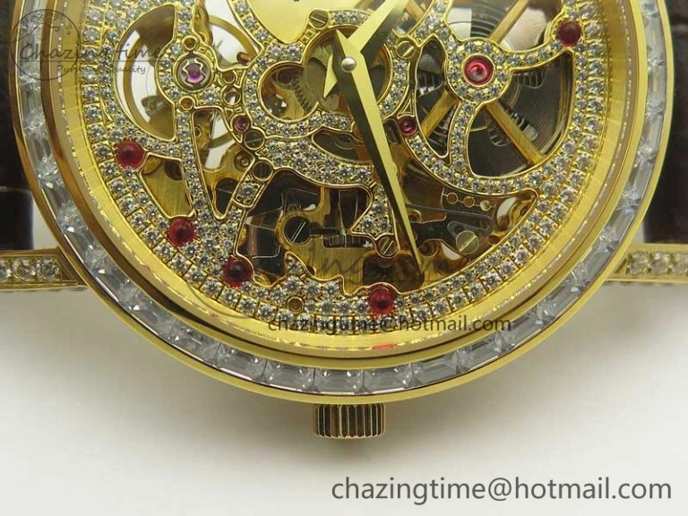 Attractive Tradition YG BBR Best Edition Diamond Paved Skeleton Dial on Brown Leather Strap A23J 9116
