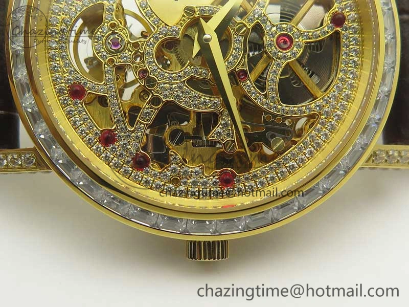 Attractive Tradition YG BBR Best Edition Diamond Paved Skeleton Dial on Brown Leather Strap A23J 9116