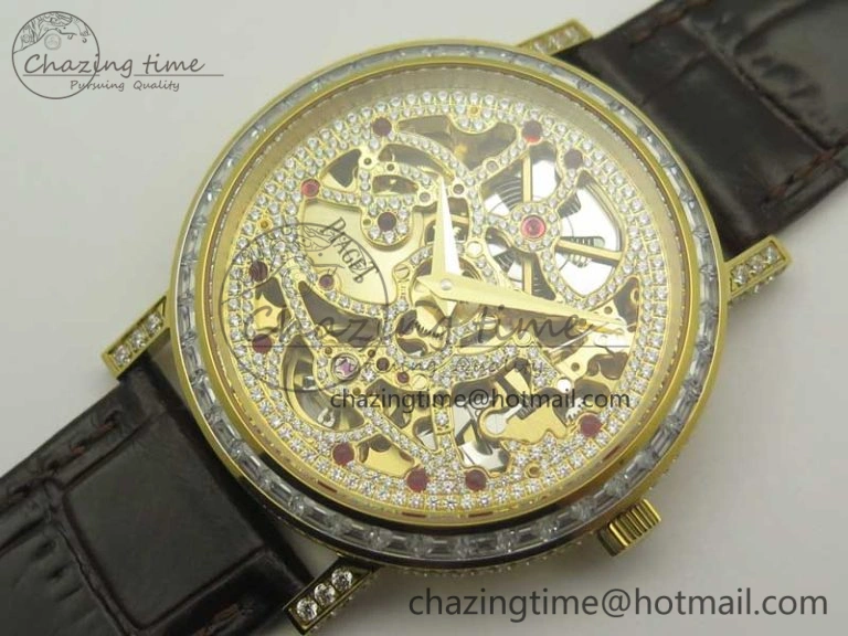 Attractive Tradition YG BBR Best Edition Diamond Paved Skeleton Dial on Brown Leather Strap A23J 9116