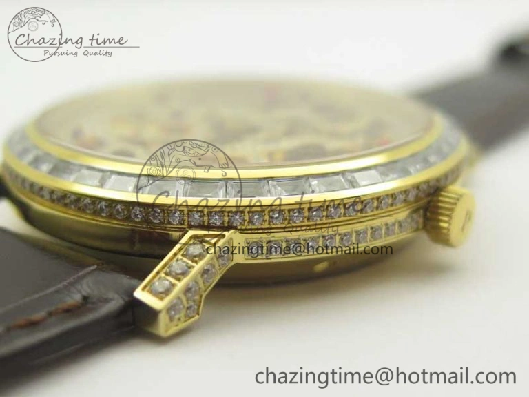 Attractive Tradition YG BBR Best Edition Diamond Paved Skeleton Dial on Brown Leather Strap A23J 9116