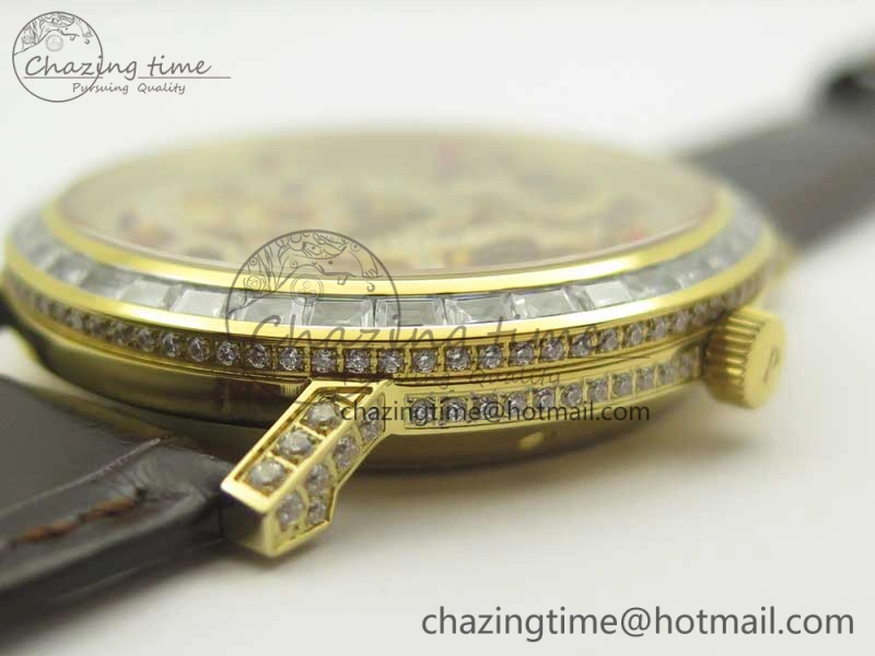 Attractive Tradition YG BBR Best Edition Diamond Paved Skeleton Dial on Brown Leather Strap A23J 9116