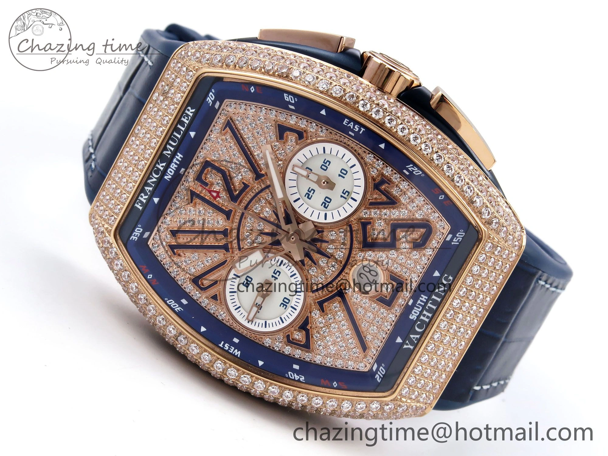 FashionForward Vanguard Chrono RG ABF 1:1 Best Edition Blue Dial Full Diamonds on Blue Leather Strap A 6500