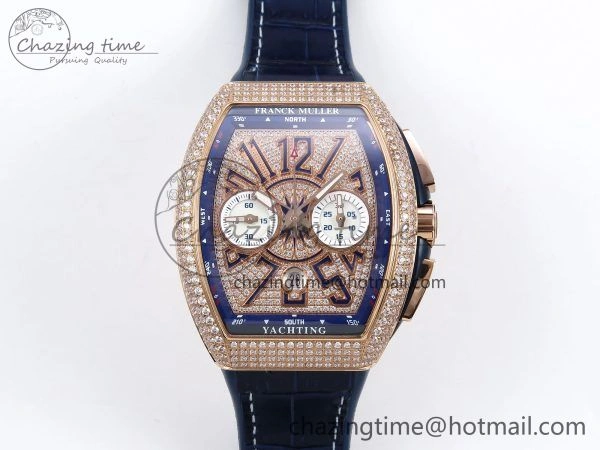 FashionForward Vanguard Chrono RG ABF 1:1 Best Edition Blue Dial Full Diamonds on Blue Leather Strap A 6500