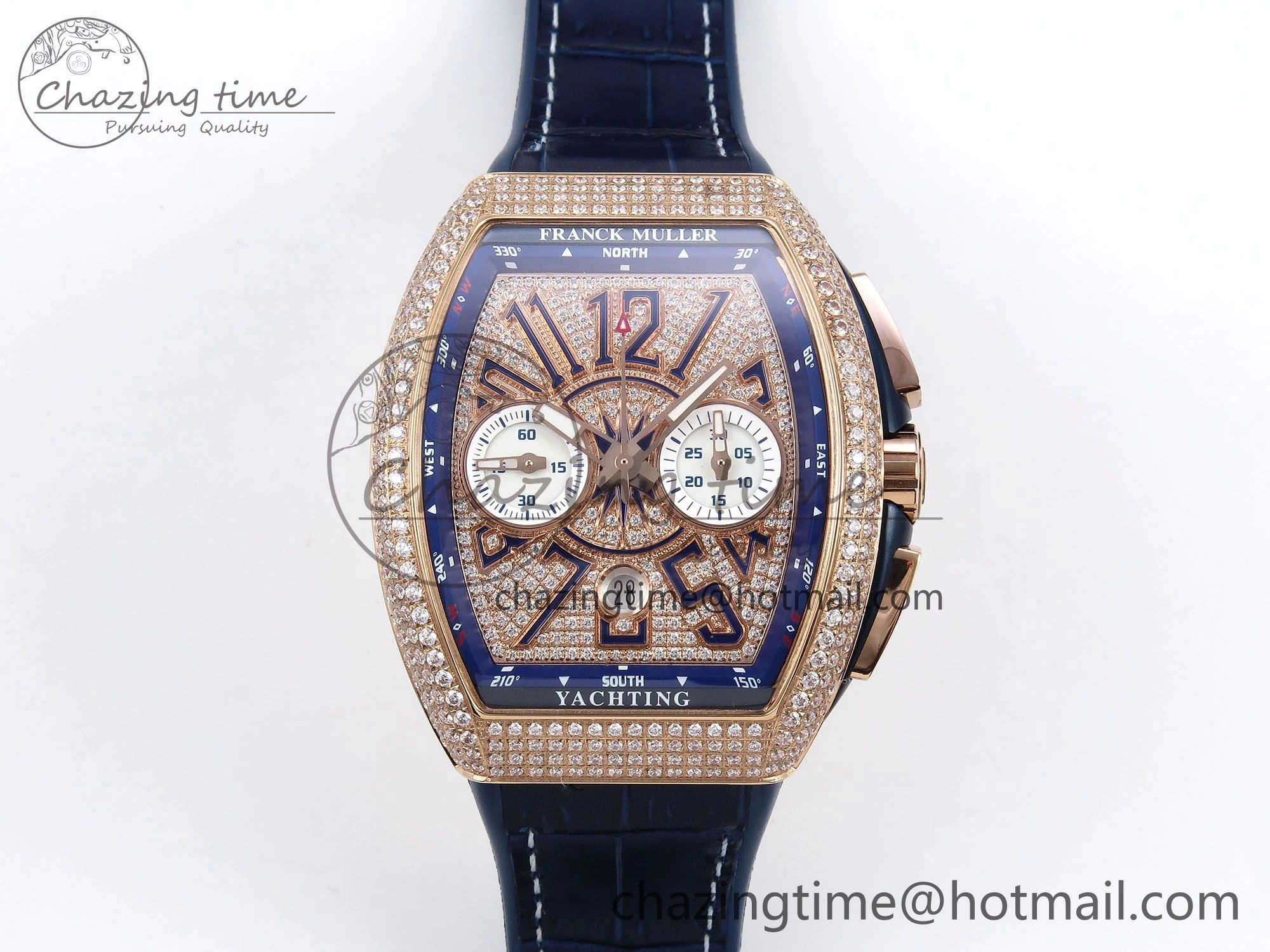 FashionForward Vanguard Chrono RG ABF 1:1 Best Edition Blue Dial Full Diamonds on Blue Leather Strap A 6500