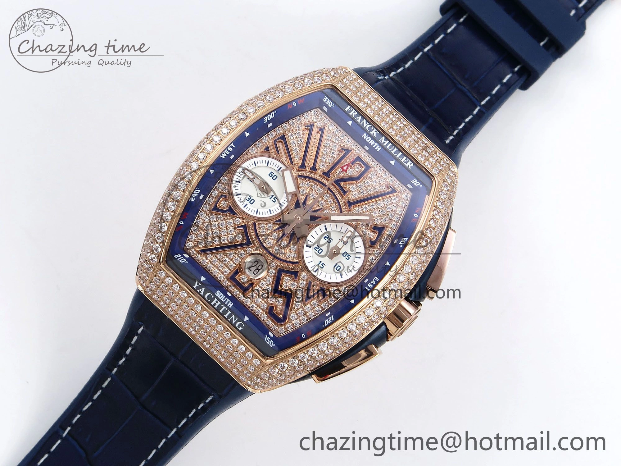 FashionForward Vanguard Chrono RG ABF 1:1 Best Edition Blue Dial Full Diamonds on Blue Leather Strap A 6500