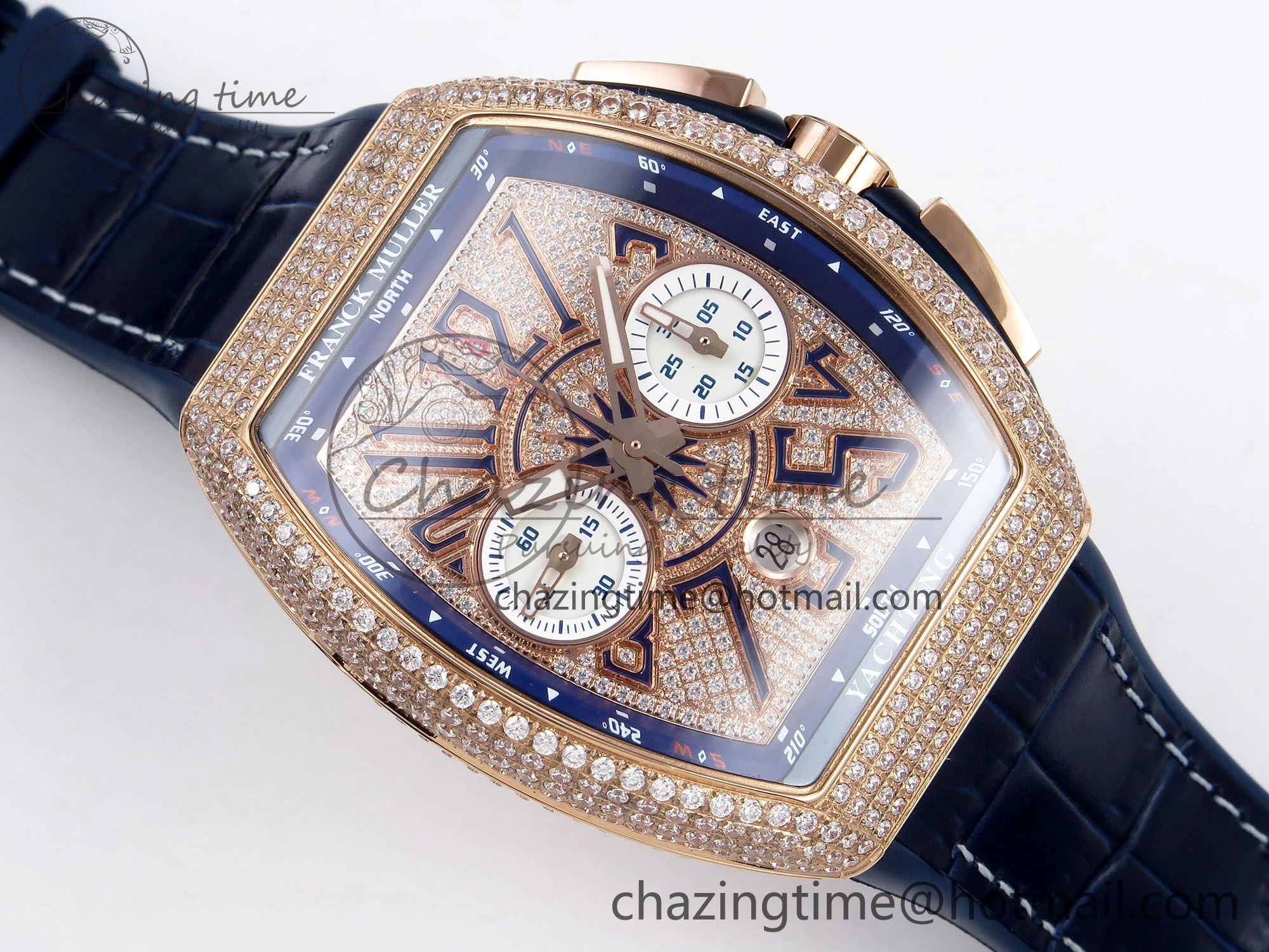 FashionForward Vanguard Chrono RG ABF 1:1 Best Edition Blue Dial Full Diamonds on Blue Leather Strap A 6500