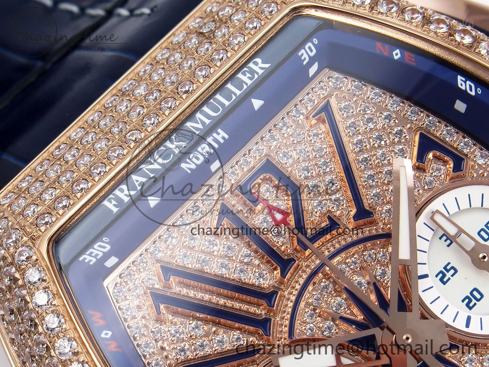 FashionForward Vanguard Chrono RG ABF 1:1 Best Edition Blue Dial Full Diamonds on Blue Leather Strap A 6500