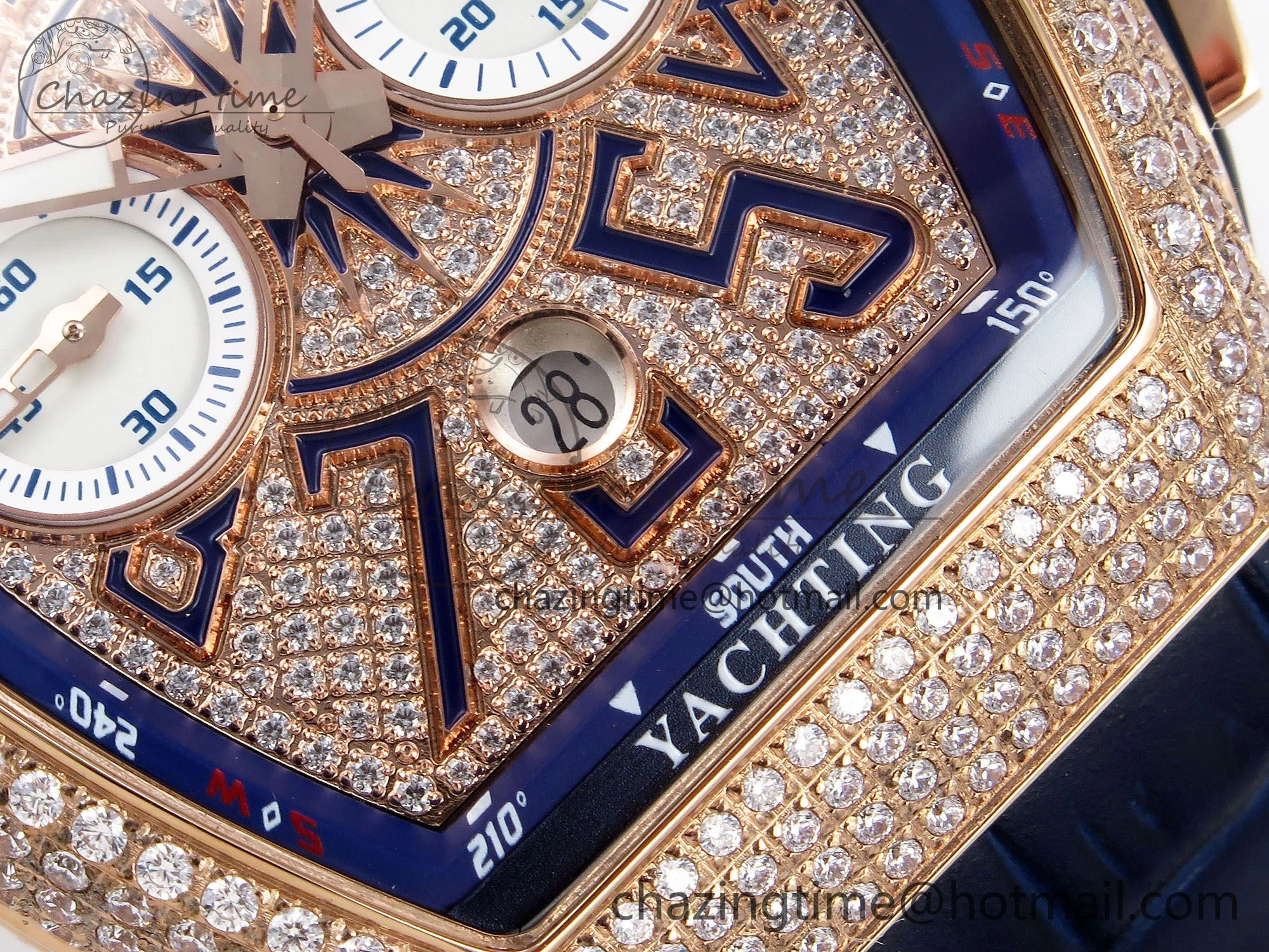 FashionForward Vanguard Chrono RG ABF 1:1 Best Edition Blue Dial Full Diamonds on Blue Leather Strap A 6500
