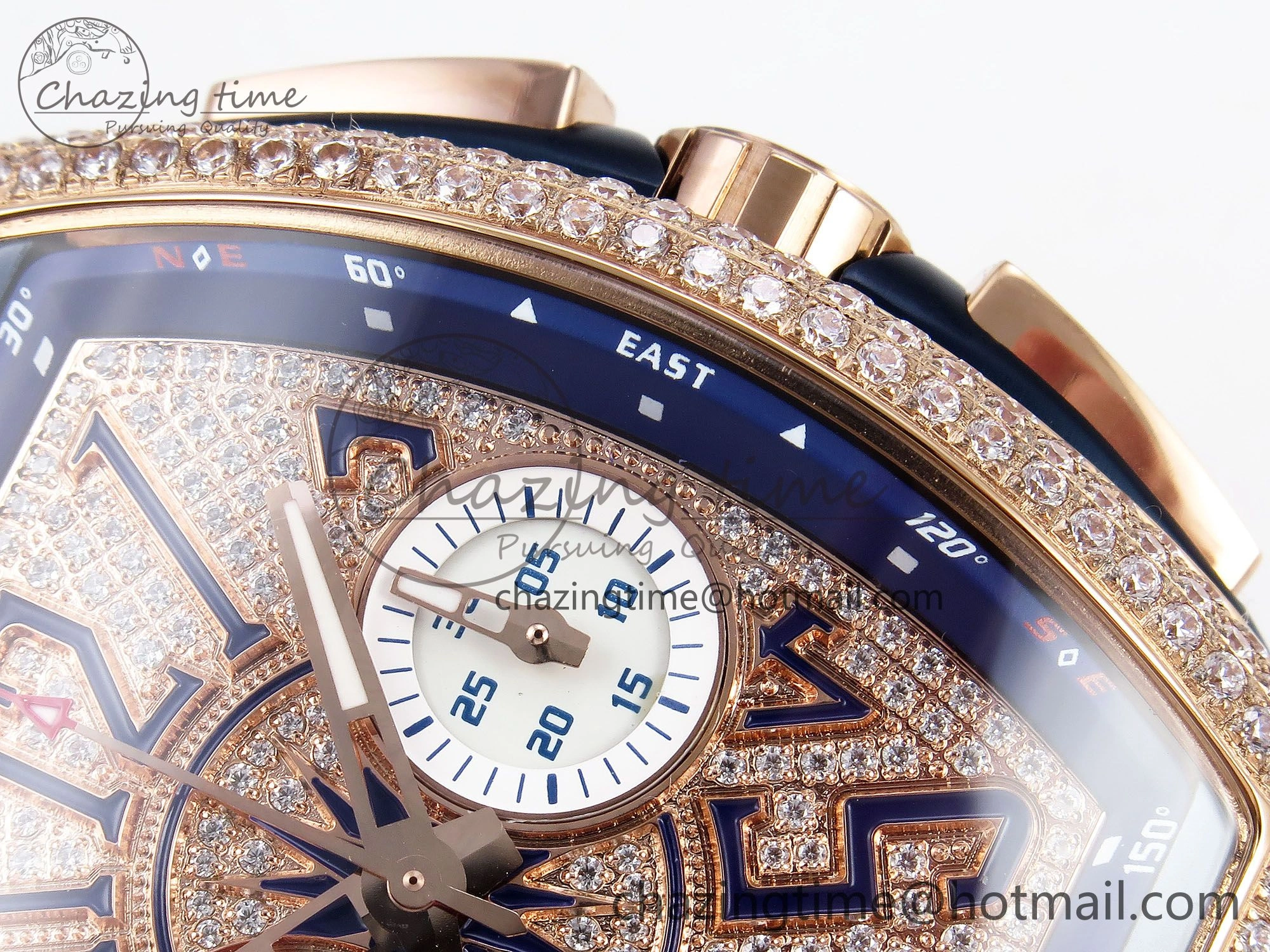 FashionForward Vanguard Chrono RG ABF 1:1 Best Edition Blue Dial Full Diamonds on Blue Leather Strap A 6500